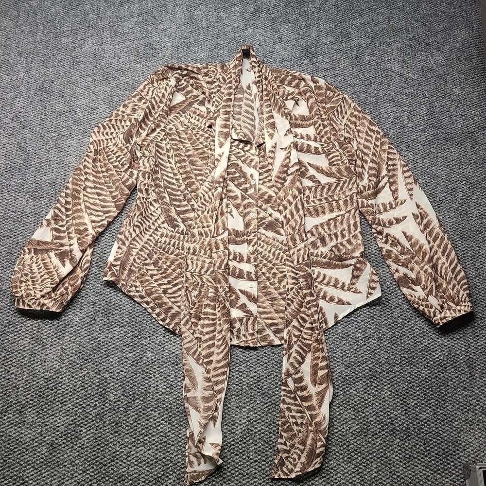 Lauren Ralph Lauren Brown Beige & Ivory Feather Print Chiffon Bow Blouse XL